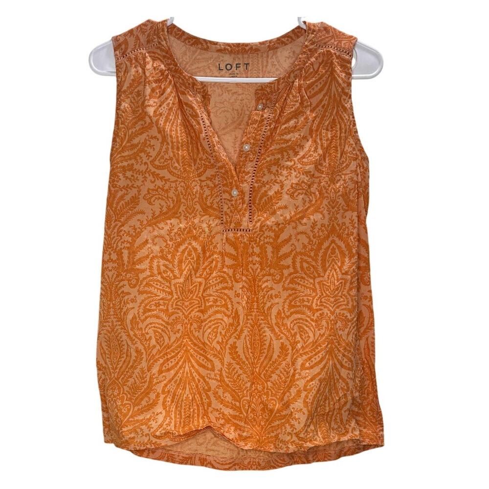 LOFT Sleeveless Boho Shell, S – Orange Damask + Crochet Trim